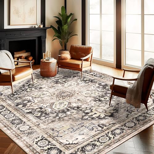 CHAMPLANT Washable Area Rug 9'x12' Black-Purple Khaki Retro Flowers Boho Design Non-Shedding Easy Care Ideal for High Traffic Areas in Living Room Bedroom Office Coffee Table Kitchen Large Carpet - color: Black-purple Khaki, size: 9' x 12' (Rectangular)