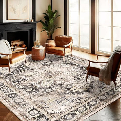 CHAMPLANT Washable Area Rug 9'x12' Black-Purple Khaki Retro Flowers Boho Design Non-Shedding Easy Care Ideal for High Traffic Areas in Living Room Bedroom Office Coffee Table Kitchen Large Carpet - color: Black-purple Khaki, size: 9' x 12' (Rectangular)