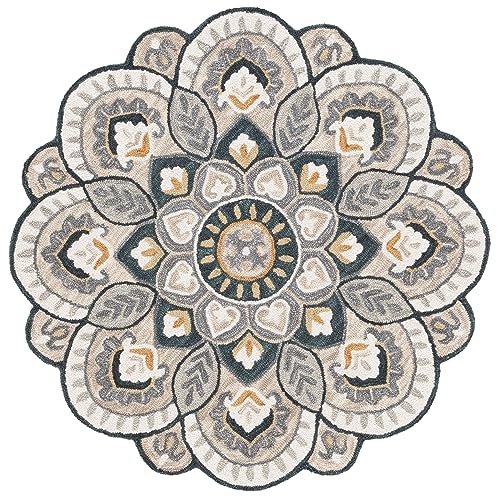 SAFAVIEH Novelty Collection Area Rug - 4' Round, Beige & Navy, Handmade Wool, Flower Design, Ideal for High Traffic Areas in Living Room, Bedroom, Dining (NOV604B-4R) - color: Beige/Navy, size: 4' (Round)