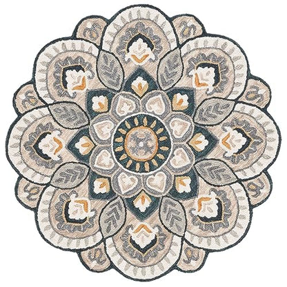 SAFAVIEH Novelty Collection Area Rug - 5' Round, Beige & Navy, Handmade Wool, Flower Design, Ideal for High Traffic Areas in Living Room, Bedroom, Dining (NOV604B-5R) - color: Beige/Navy, size: 5' (Round)