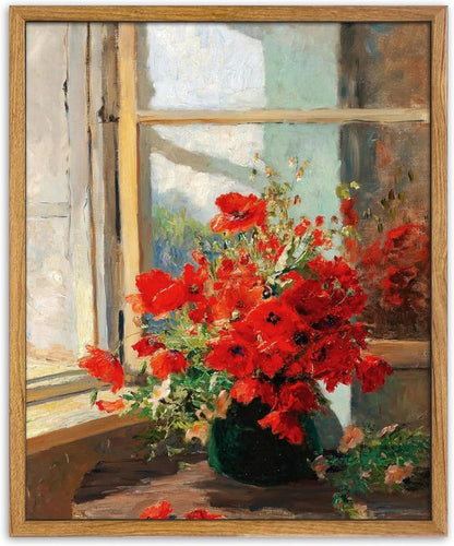 UPWOIGH Red Poppy Framed Impressionist Wall Art, 16 x 24 Inch | Red Poppy Bouquet by a Sunlit Window, Impressionist Oil Painting Style, Warm Wood Frame for Living Room and Bedroom - color: Red Poppies, size: 24"L x 16"W