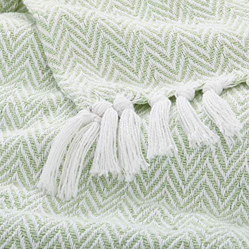 Americanflat 50x60 Throw Blanket - Soft and Breathable Cotton Throw Blanket for Couch, Bed, Chair - Decorative Blankets Perfect for Home or Outdoor Use - Light Green and White Herringbone Design - color: Zaina Seafoam and White Herringbone