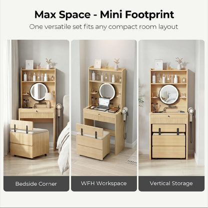 IRONCK Small Vanity Desk with LED Mirror, Glass Top & Storage Stool | 26-inch oak vanity with adjustable mirror arm, 3 light modes, 2 drawers, charging station, and tuck-away storage stool.