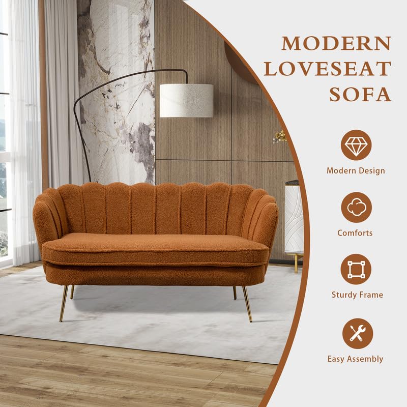 Chifee & Vingol Upholstered Small Loveseat for Small Space with Golden Legs,Caramel - color: Boucle-caramel
