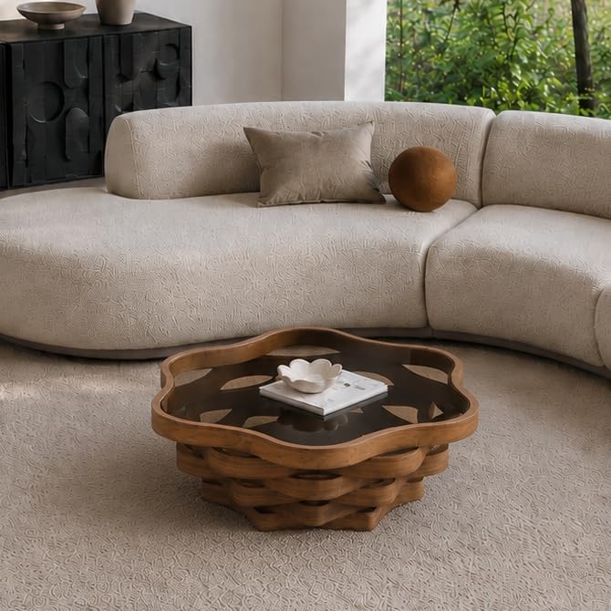 35.8" Cloud Coffee Table with Glass Top & Multi-Laye Wave Base | Modern Unique Irregular Center Table for Living Room, Artistic Cocktail Table for Apartment, Wooden Tea Table - Walnut - color: 35.8" Cloud Coffee Table