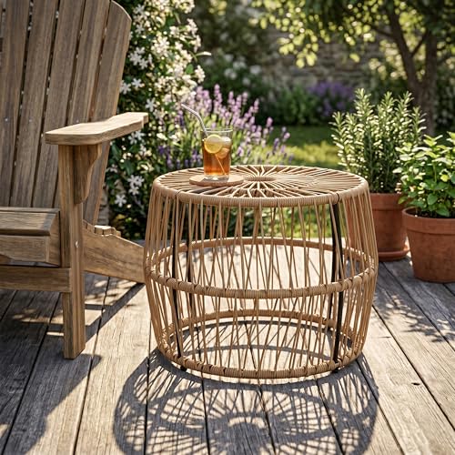 Furniture of America Ysar Boho Rattan Round Coffee Table Outdoor with Metal Frame, All-Weather and Rust Resistant, Handcrafted Coastal Furniture for Patio, Poolside, Garden, Yard, Natural Brown - color: Natural Brown/18.9 In.