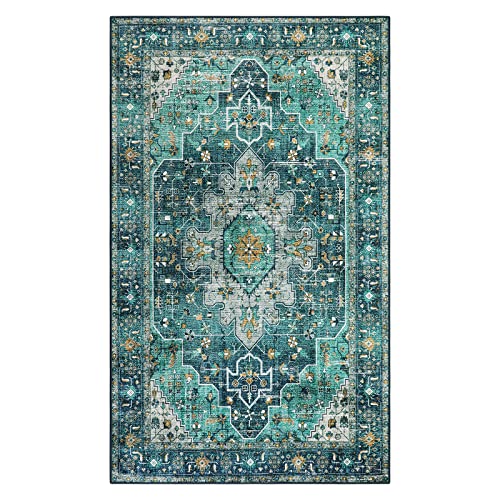 Moynesa Ultra-Thin Washable Vintage Area Rug - 3x5 Boho Entry Throw Rug Non-Slip Oriental Medallion Bedroom Mat Non-Shedding Indoor Floor Carpet for Living Laundry Room, Teal/Mutil - color: Teal, size: 3' x 5'