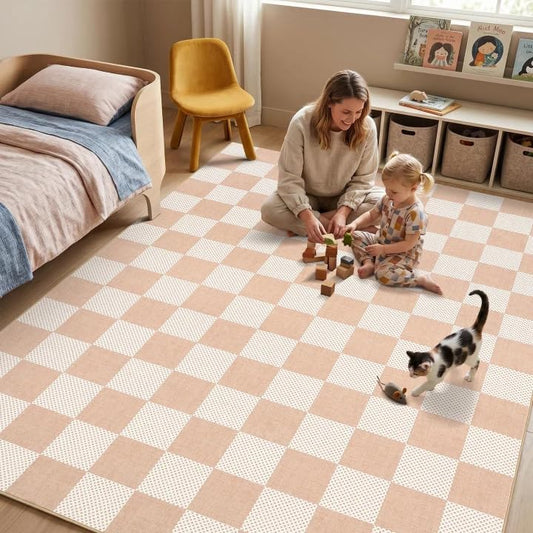 GarveeHome Checkered Blush Beige 6x9 Washable Rug Low-Pile Bedroom Nursery | Non-Slip Blush Beige Soft Stain Resistant Rug for Bedroom Bathroom Living Room Geometric Modern Rug TPE Backing - color: Blush Beige, size: 6' x 9' (Rectangular)