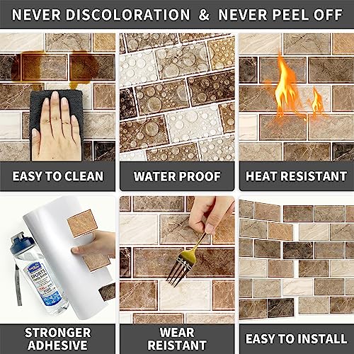URCOLOR 10-Sheet Stick on Backsplash for Kitchen,12"x12" Peel and Stick Self Adhesive Wall Tiles Back Splashes for Bathroom Brown Marble Look - color: Brown Marble