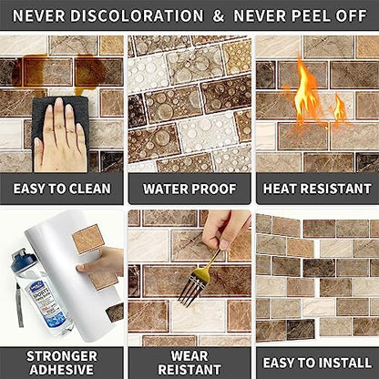 URCOLOR 10-Sheet Stick on Backsplash for Kitchen,12"x12" Peel and Stick Self Adhesive Wall Tiles Back Splashes for Bathroom Brown Marble Look - color: Brown Marble