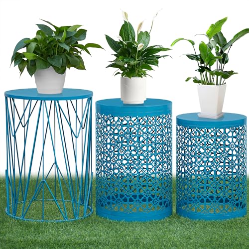 HFHOME Set of 3 Heavy-Duty Round End Table, Side Table, Coffee Table for Indoor Multifunctional Use, Outdoor Decorative Garden Stool Plant Stand-Blue - color: Flower Blue