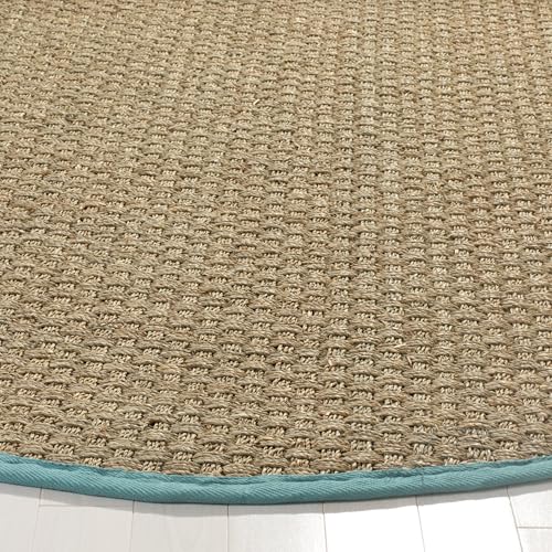 Safavieh Area Rug 4' Round - Natural Fiber Collection - Natural & Teal, Seagrass, Basketweave Pattern with Border (NF114R) - color: Natural/Teal, size: 4' (Round)