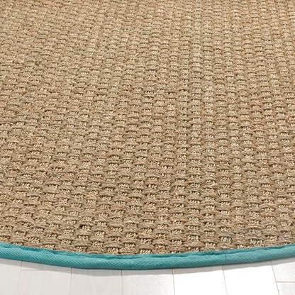 Safavieh Area Rug 4' Round - Natural Fiber Collection - Natural & Teal, Seagrass, Basketweave Pattern with Border (NF114R) - color: Natural/Teal, size: 4' (Round)