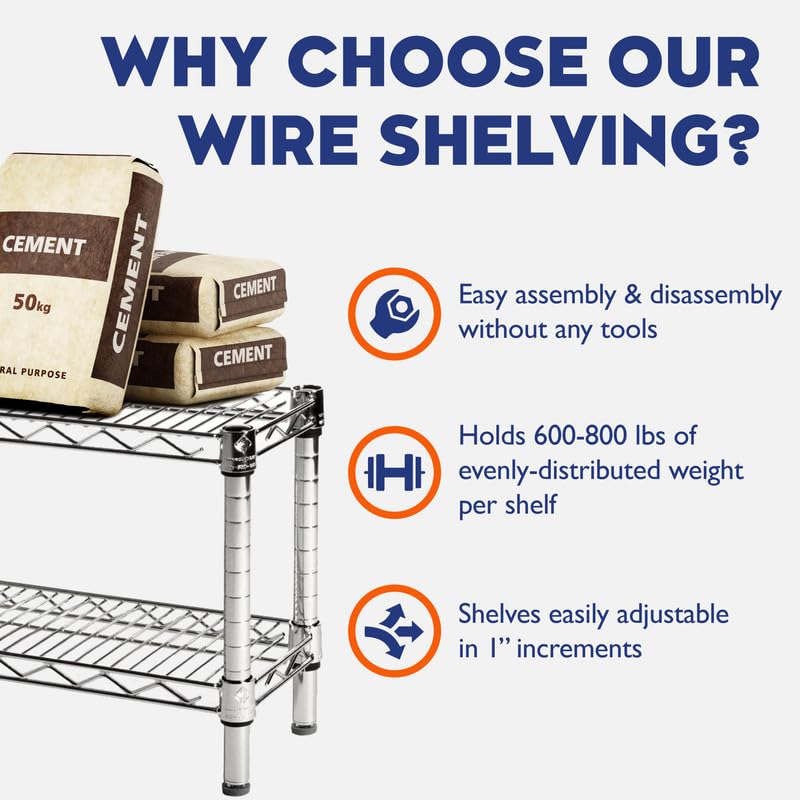 Shelving Inc. 8" d x 42" w Chrome Wire Shelving with 3 Tier Shelves | Weight Capacity 800lbs Per Shelf, Durable Kitchen and Garage Storage Shelves, Adjustable Shelf Organizer Storage Rack - size: 8" d x 42" w x 34" h