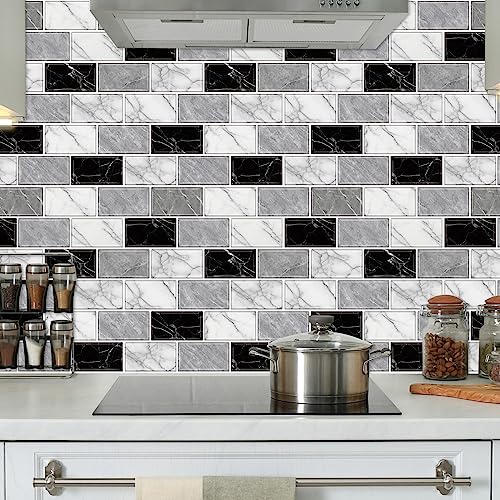 URCOLOR 10-Sheet Back Splashes for Kitchens Peel and Stick,12"x12" Self Adhesive Stick on Backsplash for Bathroom Black White Grey Marble Look - color: Black White Grey