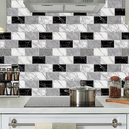URCOLOR 10-Sheet Back Splashes for Kitchens Peel and Stick,12"x12" Self Adhesive Stick on Backsplash for Bathroom Black White Grey Marble Look - color: Black White Grey