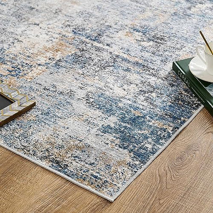 jinchan 3x10 Modern Abstract Washable Non-Slip Runner Rug - color: Distressed Blue Multi, size: 3' x 10' (Runner)