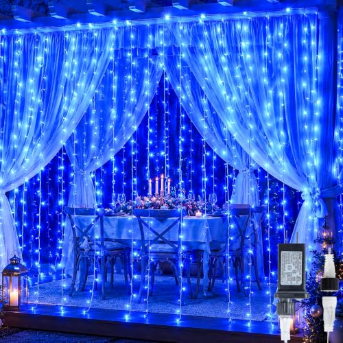HEYFUNi Blue Christmas Curtain Lights Plug in, 304 LED 9.8FT x 9.8FT | 8 Modes Blue Bachdrop Lights with Memory, Hanging String Lights for Bedroom, Wedding, Christmas, Party, Patio, Dorm Decor - color: Blue, size: 9.8ft*9.8ft