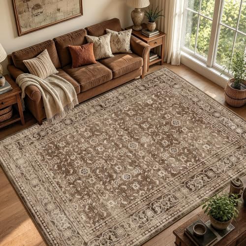 5x7 Ft Area Rugs for Living Room, Soft Non-Slip Machine Washable Rug, Vintage Stain Resistant Carpets for Bedroom Nursery Dining Room Home Decor (Brown) - color: C-f02 Brown, size: 5' x 7' (Rectangular)