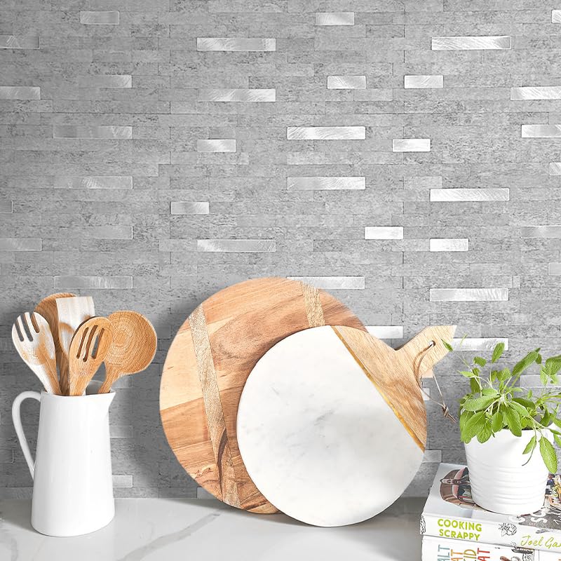 DICOFUN 10 Sheets Peel and Stick Backsplash Wall Tiles, PVC Kitchen Backsplash Peel and Stick in Grey, 9.4 sq.ft - color: Grey and Metal Silver, size: 10 Sheets, 12’’x12’’x0.12’’