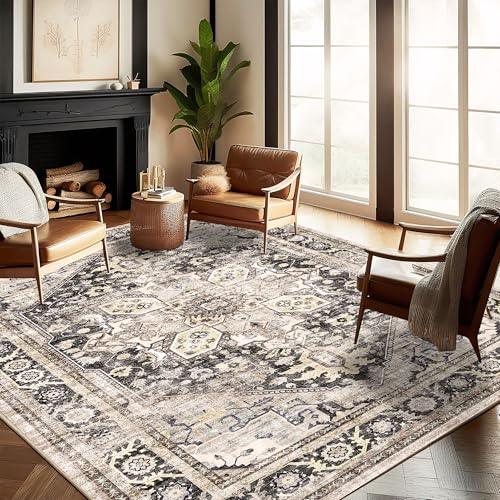 CHAMPLANT Washable Area Rug 8'x10' Black-Purple Khaki Retro Boho Design Non-Shedding Non-Slip Easy Care Ideal for High Traffic Areas in Living Room Bedroom Office Coffee Table Kitchen Large Carpet - color: Black-purple Khaki, size: 8' x 10' (Rectangular)