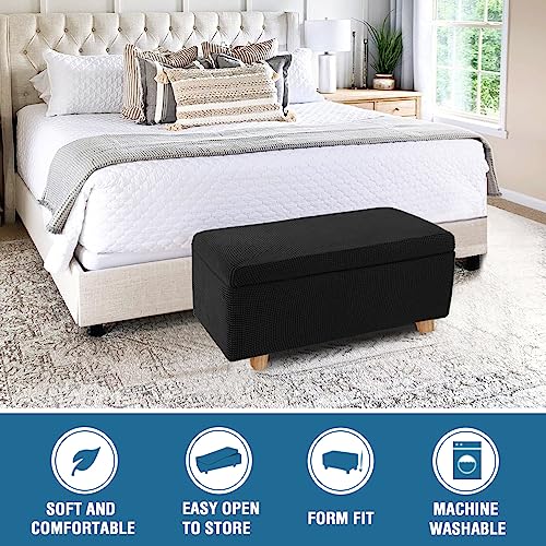 2-Piece Stretch Ottoman Covers – Rectangle Slipcovers for Folding Storage Stools, Non-Slip Elastic Bottom, Soft Fabric Furniture Protectors (Black, Large) - color: Black, size: Large