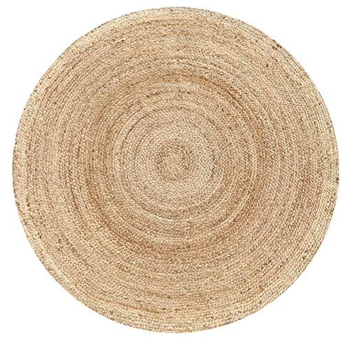 Hausattire Jute Braided Round Area Rug, Natural, 8 ft | 100% natural jute, hand woven, reversible, boho farmhouse style, bedroom/living room/kitchen use - color: Natural, size: 8' Round