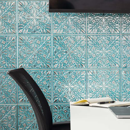 Peel and Stick Metal Tiles, Teal & Silver Leaves, 10-Pack | 8 x 8 in tile size; Covers up to 4.44 sq ft; Aluminum; Water-resistant surface; For kitchens, ceilings, DIY projects - style: Teal and Silver Leaves