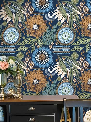 Floralplus Peel and Stick Wallpaper Removable Bathroom Wallpaper Boho | Vintage Floral Renter Friendly Wallpaper Self Adhesive Retro Flower Contact Paper for Shelf Home Decor, 17.5 x 118 in - color: Blue, size: 17.5" x 118"