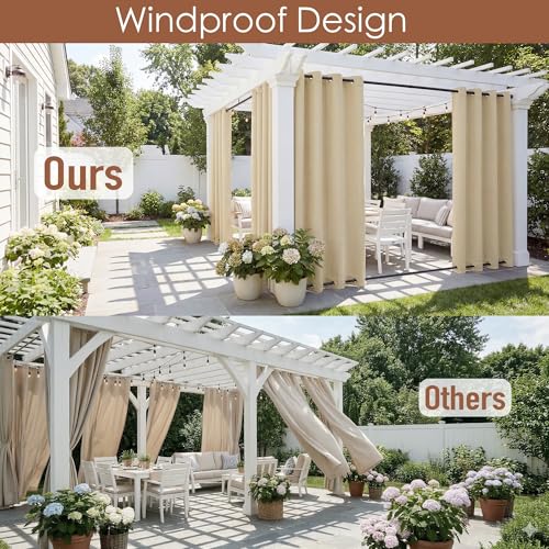 RYB HOME Windproof Curtains Outdoors - Waterproof Blackout Shade Thermal Insulated Weighted Drapes for Porch Gazebo Pergola Garage Sun Room Decor, 52 Width x 96 inch Length, 2 Panel, Beige | Thermal Insulated, Weighted Drapes for Porch Gazebo Pergola Gara