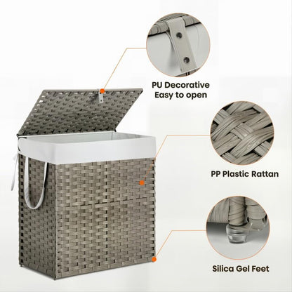 Laundry Hamper with Lid, 110L Foldable Laundry Basket with Removable Liner Bags, Handwoven Synthetic Rattan Clothes Hamper for Bathroom, Bedroom, Laundry Room, Grey - color: Grey-110L