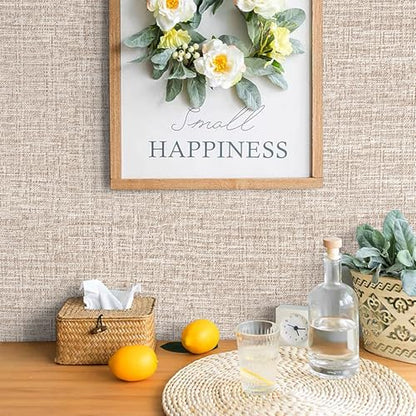 Khaki Grasscloth Peel and Stick Wallpaper 17.3"x300" Faux Linen Textured Contact Paper Removable Self Adhesive Vinyl Wallpaper for Bedroom Bathroom - color: Khaki, size: 17.3" x 300"