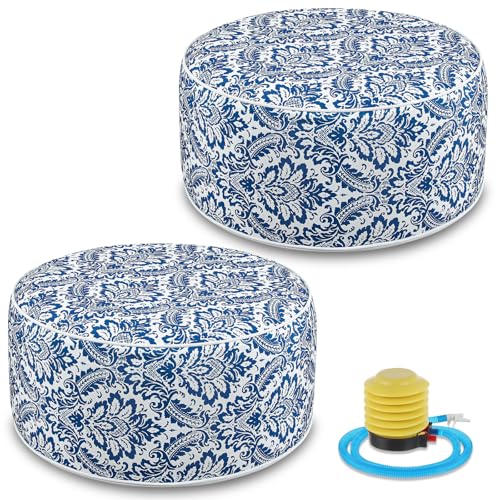Cinnvoice 2 Pcs Inflatable Outdoor Ottoman Pouf Waterproof Round Footrest with Handle D21 x H9 Inch Indoor Outdoor Portable Footstool for Patio Garden Camping or Home Pool(Retro) - style: Retro