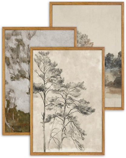 UPWOIGH Neutral Landscape Framed Wall Art, 16 x 24 Inch, Set of 3 | Muted Tree and Countryside Prints, Soft Beige and Gray Tones, Light Wood Frames for Bedroom, Office and Living Room - color: Grey, size: 24"L x 16"W