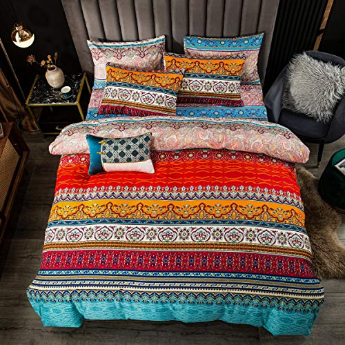 Bohemian Duvet Cover Set Full Colorful Floral Boho Striped Bedding Set Ultra Soft Microfiber Double Duvet Cover Southwestern Indian Tribal Reversible Bedding Exotic Style Decor Boho Comforter Cover - color: Red, size: Full