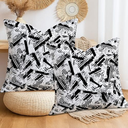 Stripes Throw Pillow Covers Set of 2, Modern Abstract Brush Patterns Texture None Black Soft Velvet Washable Square Pillow Cases for Home Bedroom Living Room Sofa Couch Decor 28x28 Inch - size: 28" x 28" (Pack of 2)
