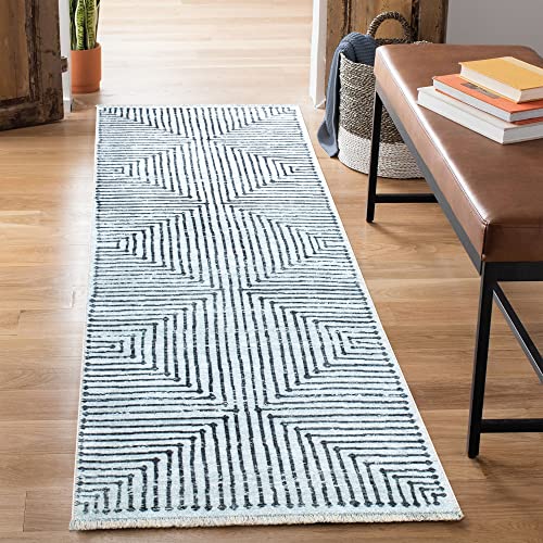 Bloom Rugs Caria Washable Non-Slip 12 ft Runner - Ivory/Black Striped Runner for Entryway, Hallway, Bathroom, and Kitchen - Exact Size: 2'6" x 12' - color: Ivory / Black, size: 2'6" x 12' (Runner)
