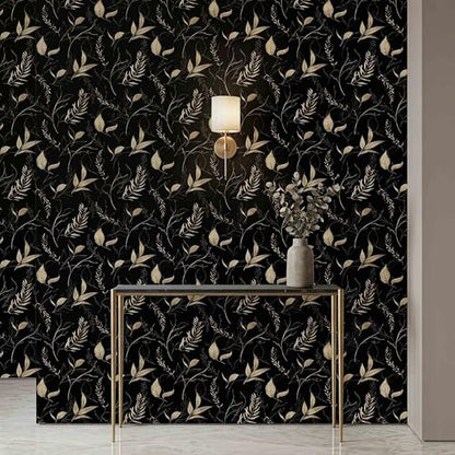 Dark Black and Gold Leaf Peel and Stick Wallpaper 17.7" x 124" | Self-adhesive removable waterproof leaf design for bedroom accent walls and renter friendly spaces - color: Black&Gold, size: 17.7" x 124"