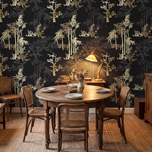 Vintage Wallpaper Peel and Stick 17.3" x 118" Black Bamboo Forest Wallpaper Gothic Contact Paper Waterproof Self Adhesive Removable Boho Botanical Wall Paper Vinyl for Bedroom Shelf Cabinet Décor - color: Black, size: 17.3" x 118"