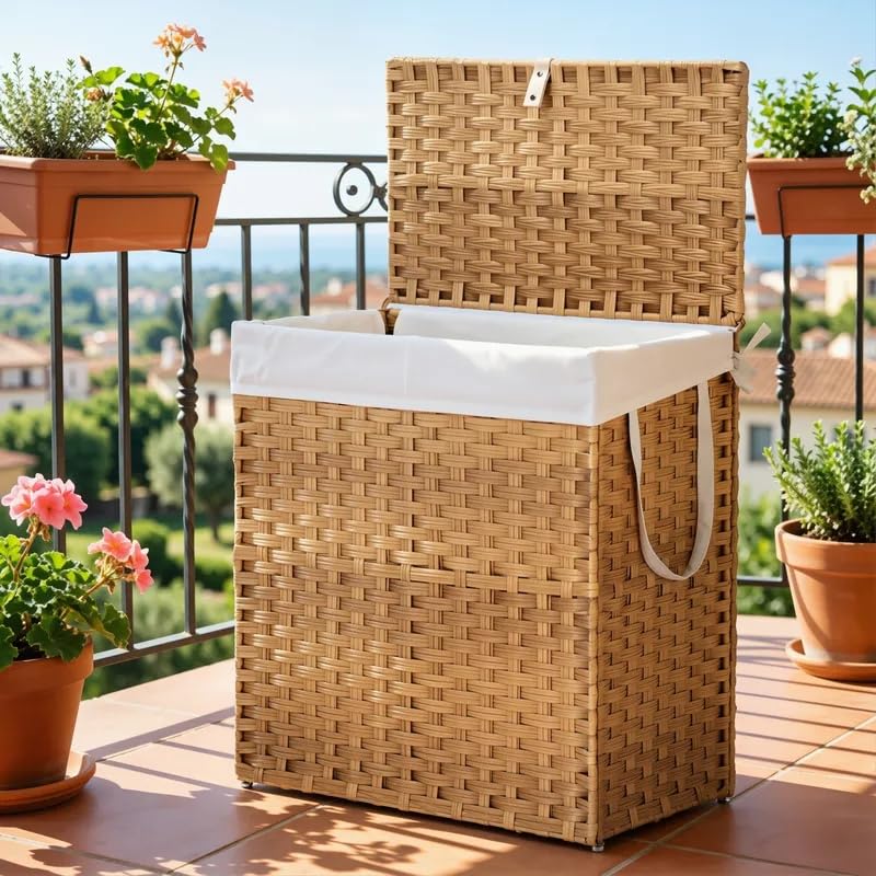 Laundry Hamper with Lid, 110L Foldable Laundry Basket with Removable Liner Bags, Handwoven Synthetic Rattan Clothes Hamper for Bathroom, Bedroom, Laundry Room, Yellow - color: Yellow-110L