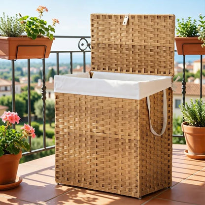 Laundry Hamper with Lid, 110L Foldable Laundry Basket with Removable Liner Bags, Handwoven Synthetic Rattan Clothes Hamper for Bathroom, Bedroom, Laundry Room, Yellow - color: Yellow-110L
