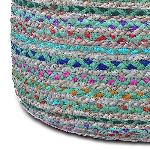 SIMPLIHOME Morden 18" Wide Square Pouf in Camel Brown Genuine Leather | Boho footstool, braided pouf, extra seating for living room or bedroom with polystyrene bead filling, assembled; accent seat. - color: Multi-green, style: Pouf