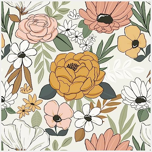 HAOKHOME Floral Peel and Stick Wallpaper Cream Vintage Daisy Leaf Nursery | Textured Removable Waterproof Renter Friendly Wall Paper Cottagecore Farmhouse Sand Olive Bathroom Kid Bedroom 17.7in x 9.8ft - color: White/Sand/Oliva, size: S：17.7in x 9.8ft