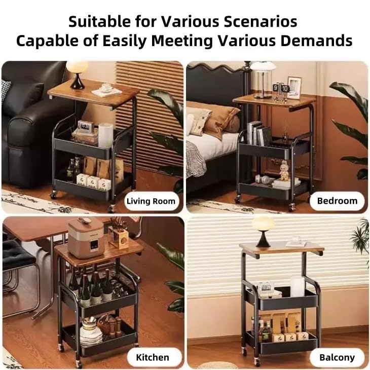 3 Tier Metal Rolling Utility Cart Organizer with Walnut Table Top, Stable and Sturdy Rolling Storage Carts with 2 Lockable Wheels for Kitchen，Bathroom，Snacks，Coffee，Craft，Makeup，Baby Essentials