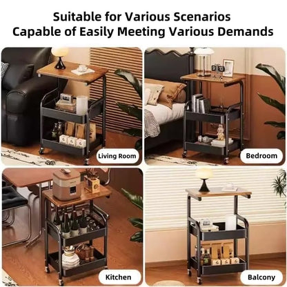 3 Tier Metal Rolling Utility Cart Organizer with Walnut Table Top, Stable and Sturdy Rolling Storage Carts with 2 Lockable Wheels for Kitchen，Bathroom，Snacks，Coffee，Craft，Makeup，Baby Essentials