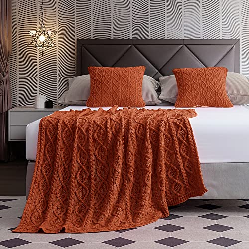 Homiest Rust Cable Knit Throw Blanket Set of 3, with 2 Pillow Covers | Pure Acrylic, Lightweight & Breathable, All-Season Use, Machine Washable, Wrinkle & Fade Resistant, for Couch Bed And Sofa - color: Rust, size: 50 x 60 Inch Blanket & 18 x 18 Inch Pill
