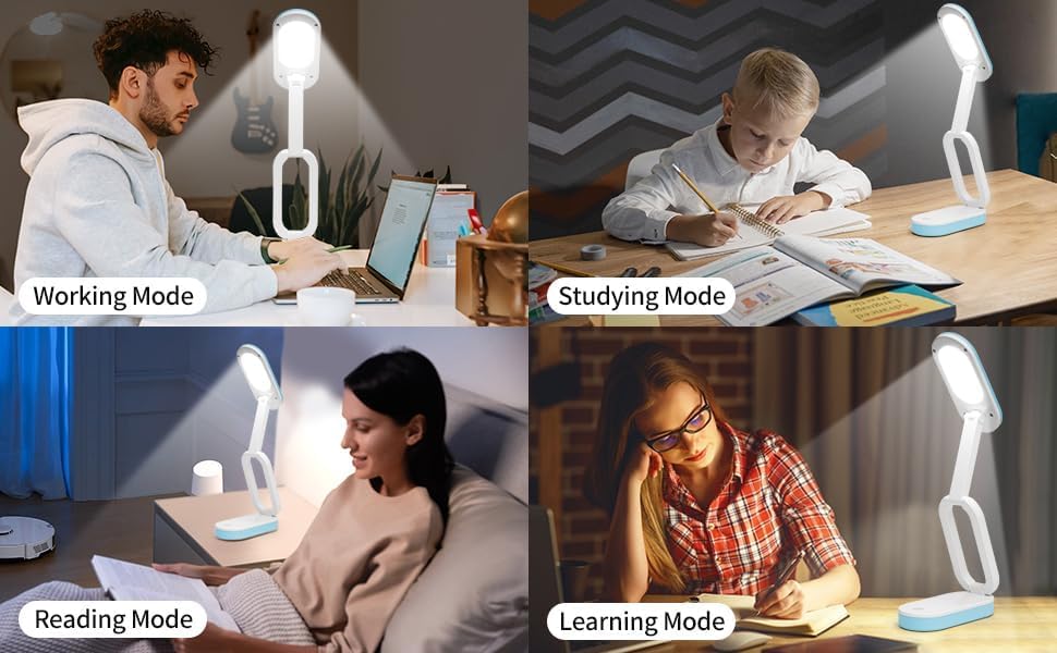 Cordless Desk Lamp Reading Light Rechargeable,Small Table Lamp Battery*2 Operated 3000MAH,Foldable/Portable/Touch 3 Light Modes, for Kids Home Bedroom Bedside Dorm Outdoor Camping,Blue