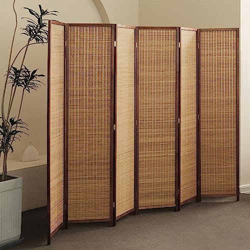 6 Panel Bamboo Room Divider - 5.6 ft Tall Folding Privacy Screen for Room Separation, Natural Brown Freestanding Partition Wall for Home Office (67" H x 92.1" W) - color: Brown, size: 6 Panel
