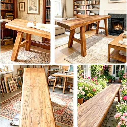 Farmhouse Indoor Wooden Living Room Dining Bench, Asian Natural Wood Kitchen Entryway Benc with Armless Design and Short Height, Solid Wood Shoe Bench Entryway Benches (47.2 * 10.2 * 17.7)