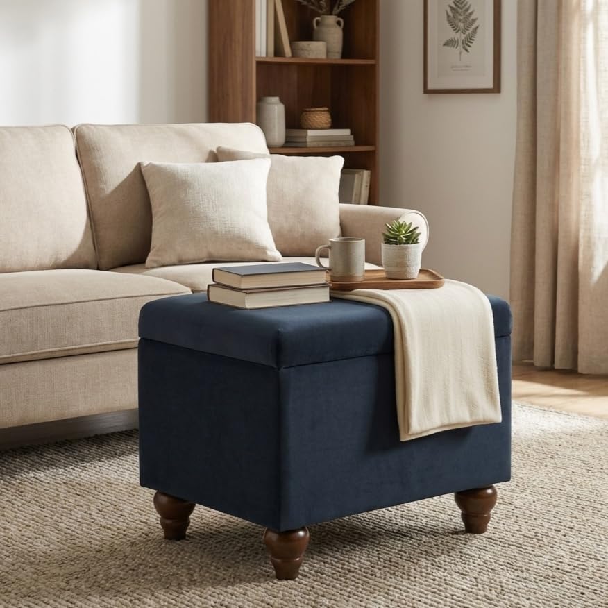 HomePop 22" Medium Rectangular Storage Ottoman - Blue Velvet - color: Blue Velvet